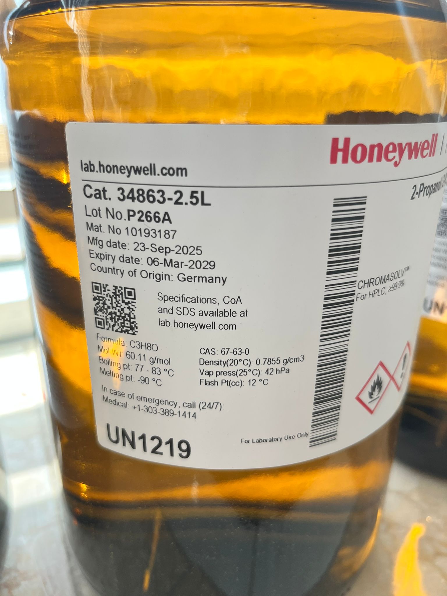 Riedel-De-Haën 34863 2-Propanol Chromasolv™, 99.9% For Hplc Hplc grade Glass Bottle 2.5 L